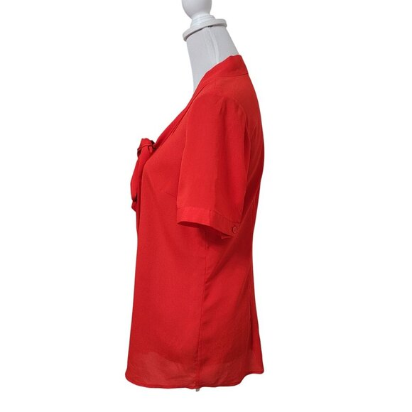 The Limited Size S Red Short Sleeve Button Down Blouse with Tie Neck. - Picture 3 of 12